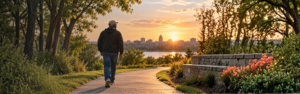 an adult walking along a path through a park toward the scene of a city skyline with the sun shining past the buildings.
