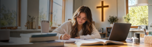 a young woman sitting at a table writing in a notebook doing homework.